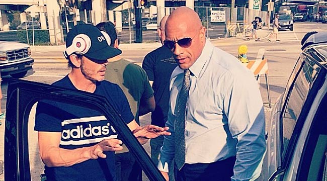 The Rock and Peter Berg on the set of the pilot episode of "Ballers."