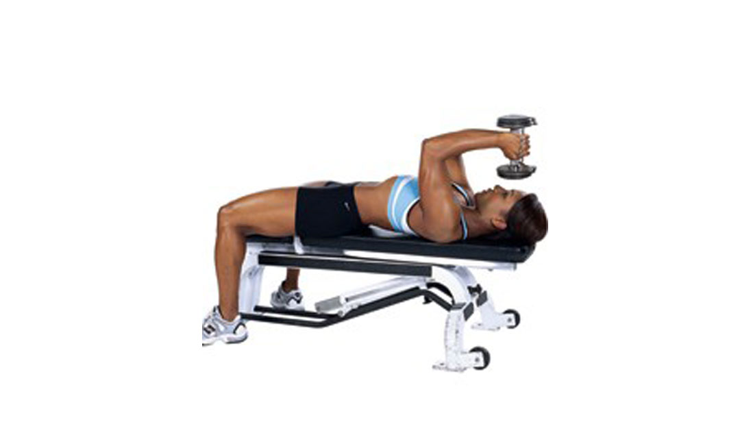 woman demonstrating lying dumbell tricep extenstion