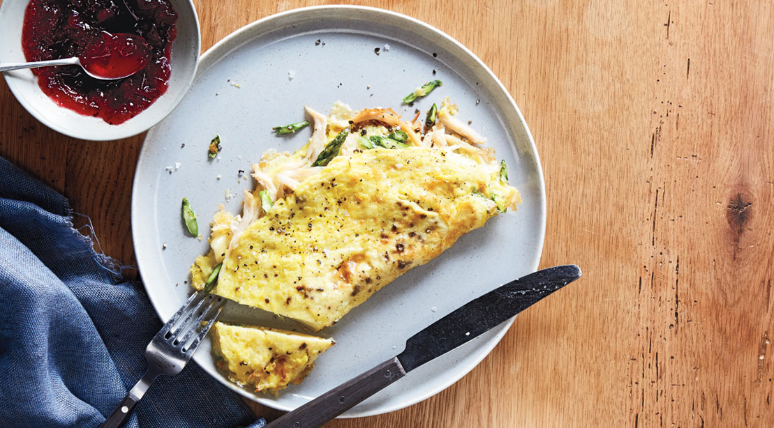 Chicken, asparagus, and brie omelet