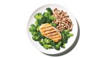 plate of chicken breast, broccoli and black eyed peas