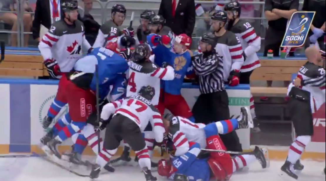 WATCH: Hockey Brawl Breaks Out in Pre-olympic Tournament Between Canada and Russia