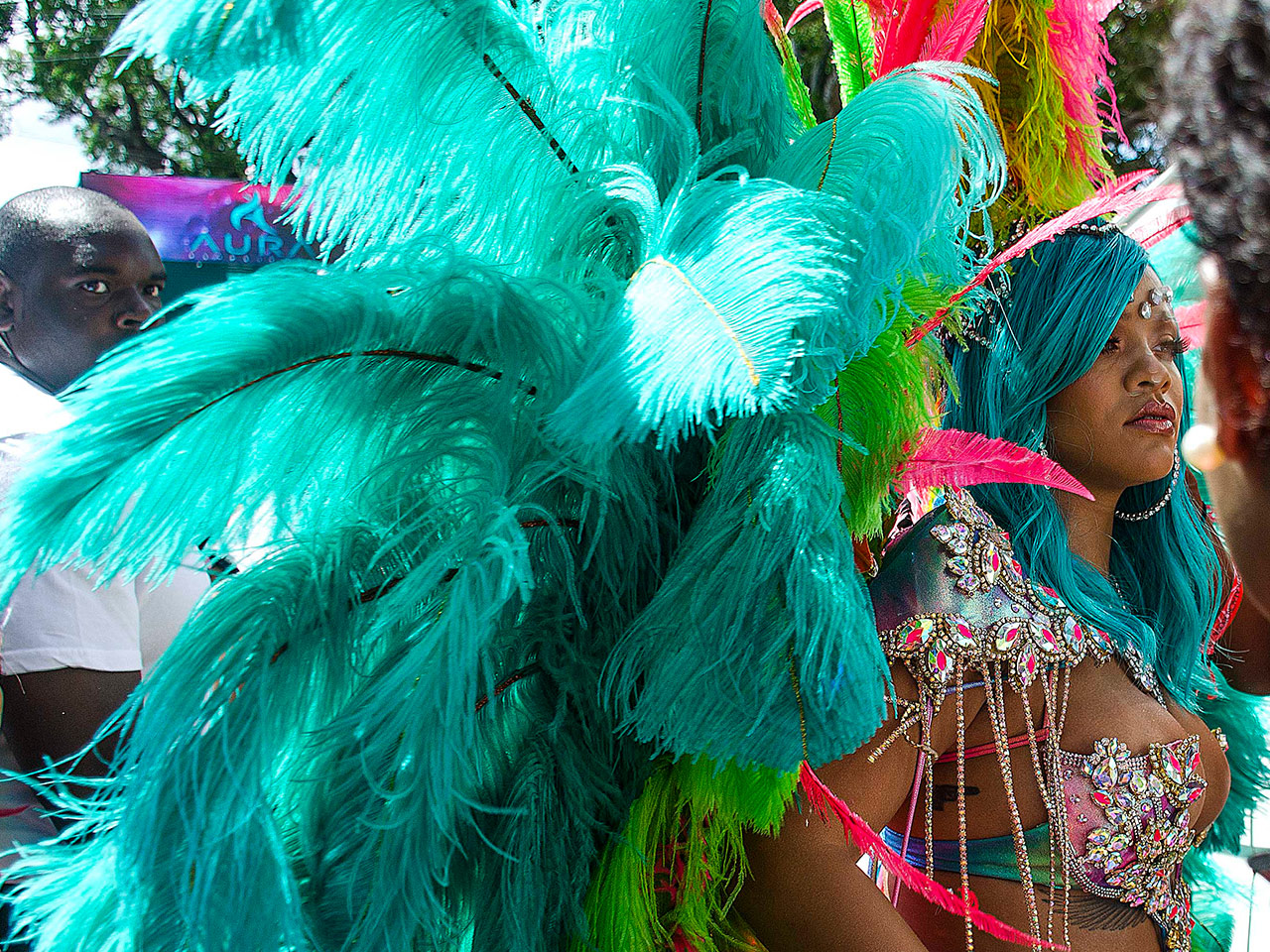 Rihanna stuns in busty, bejeweled costume at Crop Over Festival in