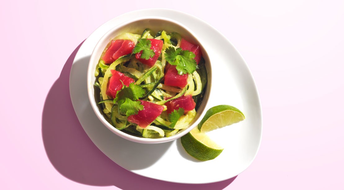 Low-Carb Protein-Packed Meal: Ahi Tuna Poke Bowl with Avocado and Cucumber Noodles