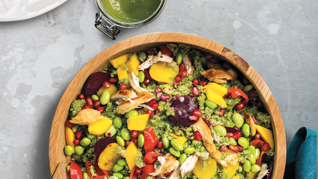 Supergreen Candy Salad with Mango and Pomegranate 