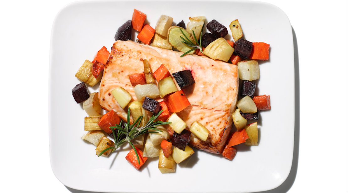 Honey Ginger Salmon and Root Medley