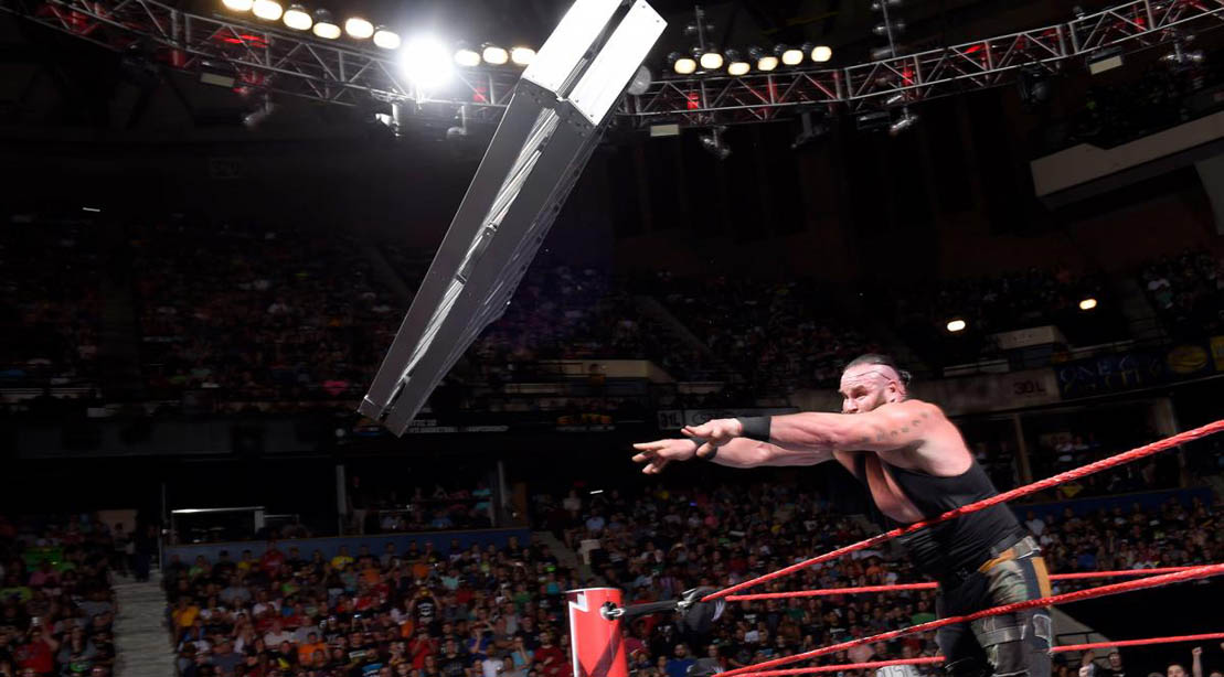 Braun Strowman throws a ladder at Kevin Owns on WWE Raw, 28 May 2018