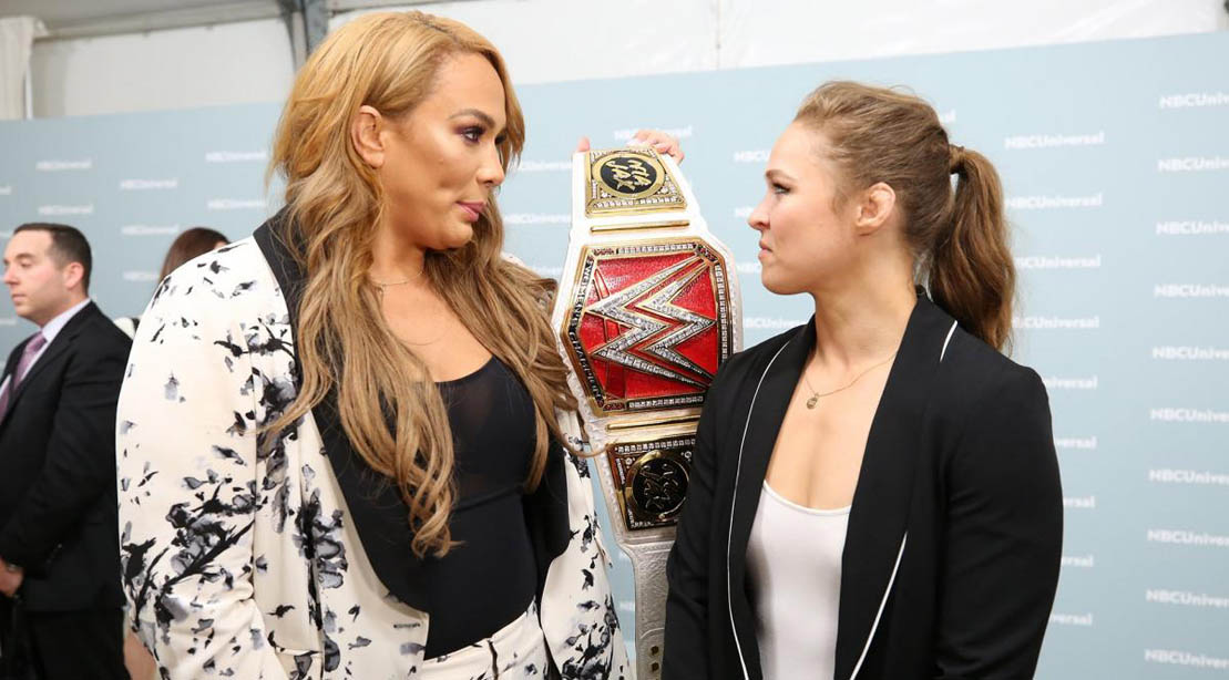 Nia Jax confronts Ronda Rousey at the NBC upfronts in May 2018
