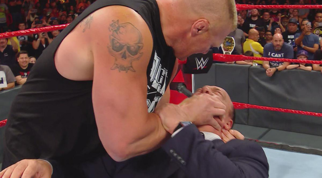 WWE 'Raw' Recap: Brock Lesnar Hits Kurt Angle with an F5, Puts Paul Heyman In a Chokehold