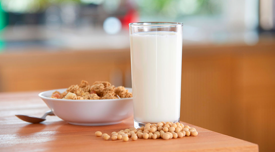 A picture of a glass of soy milk. 
