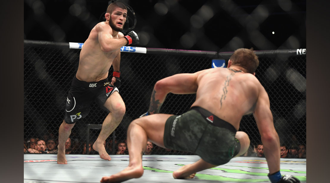 Khabib Nurmagomedov of Russia (L) chases down Conor McGregor of Ireland in their UFC lightweight championship bout during the UFC 229 event.