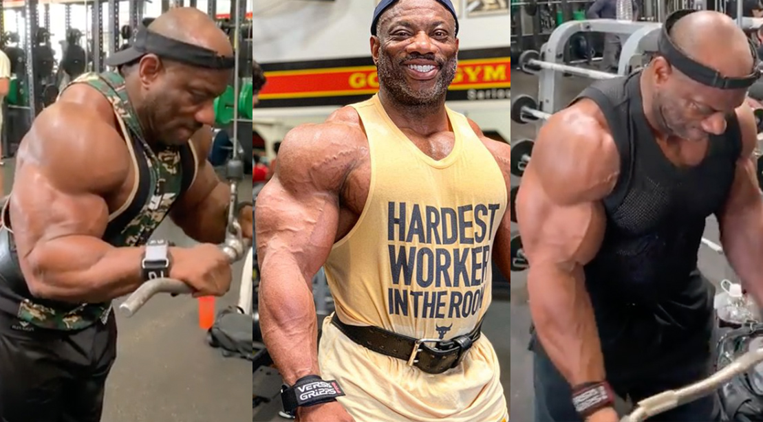 Former Mr. Olympia Dexter Jackson working out in the gym.