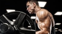 Focused muscular fitness model doing a barbell bicep curl exercise