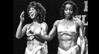 Ms. Olympia Rachael McLish and female bodybuilder runner up Carla Dunlap at the Ms Olympia competition 1982