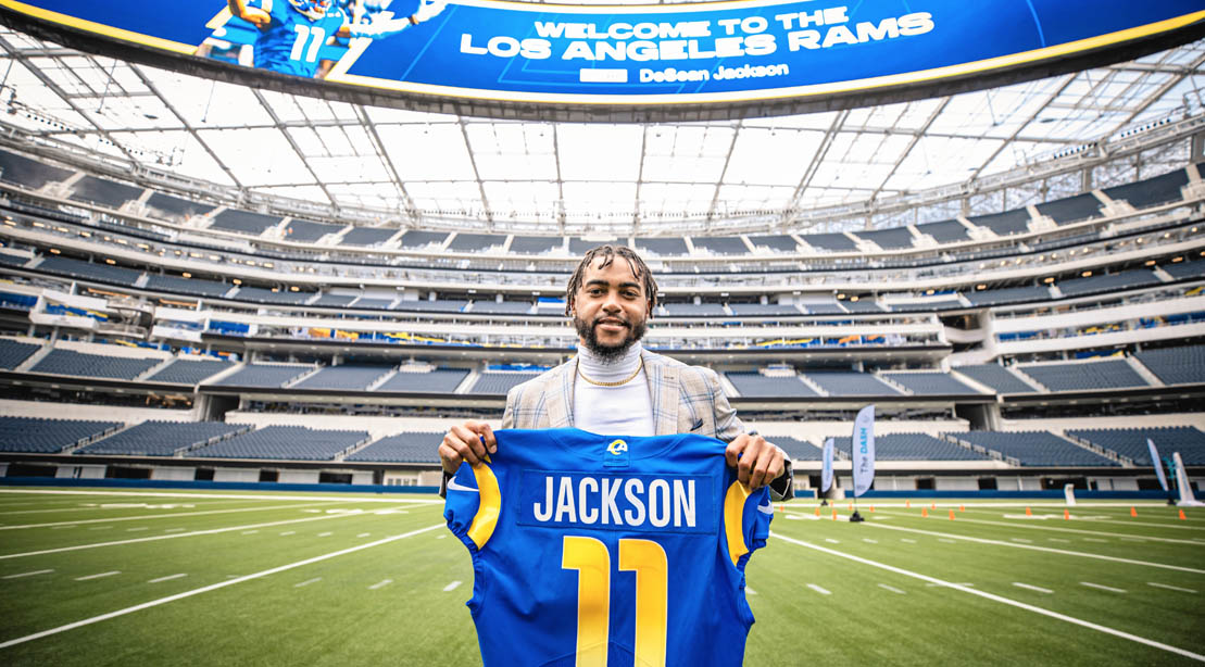 DeSean Jackson Holding a LA Rams Uniform In The Football Stadium