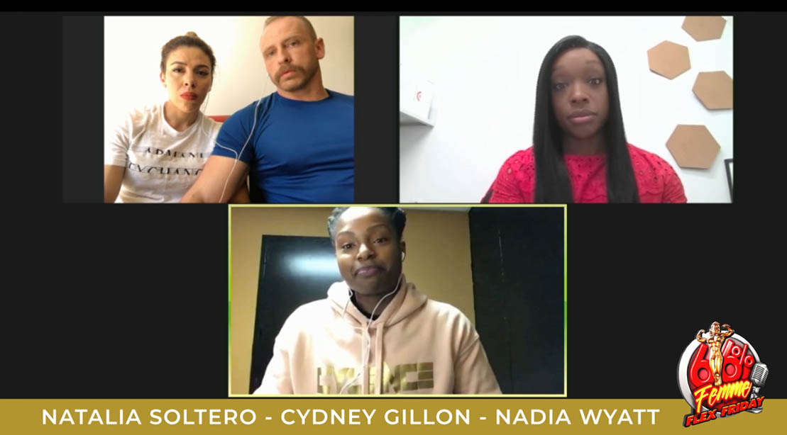 Female bodybuilders Natalia Soltero, Cydney Gillon, and Nadia Wyatt bodybuilder interview on Femme Flex Friday with Alina Popa and Whitney Jones