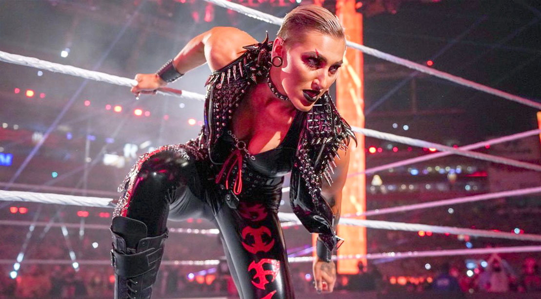 WWE female wrestler Rhea Ripley in her costume