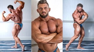Bodybuilder Nathan Epler posing his quad muscles