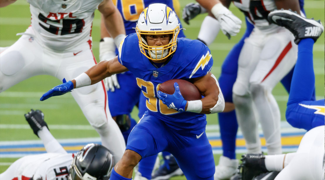 NFL Football Player Austin Ekeler and running back for the Los Angeles Chargers playing football against the Atlanta Falcons