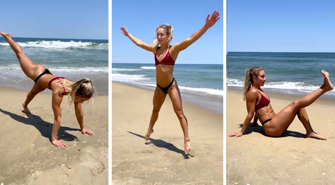 Sarah Dorough Fitness Influencer Performing a Beach Bodyweight Workout To Stay in Shape for the Summer
