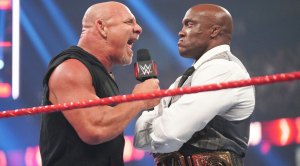 WWE wrestler Goldberg facing off with prowrestler Bobby Lashley for Summer Slam 2021