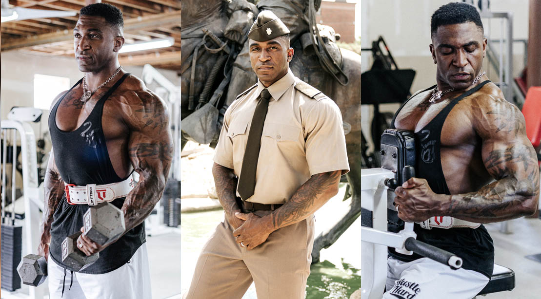 Charjo Grant in his military fatigue and performing arm workouts