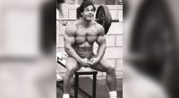 Franco Columbu sitting on a barbell bench at World Gym in 1981