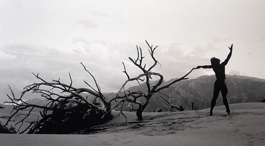 Black and white image of Bill Dobbins photo of Chris Bongiovanni in the desert
