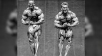 Legendary bodybuilders Flex Wheeler and Lee Labrada posing at a bodybuilding competition