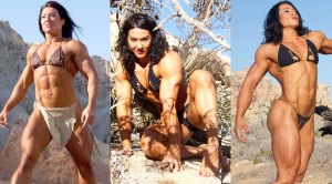Muscular woman and female bodybuilder Alina Popa photoshoot in the desert modeling in a bikini