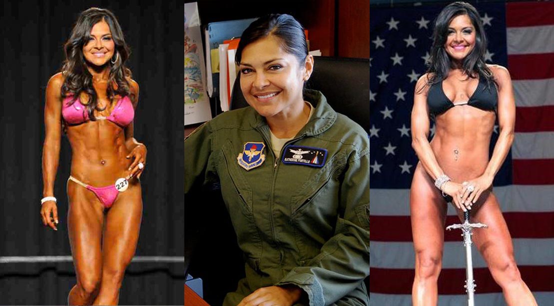 US Airforce Major Katherine Portillo in uniform and in a female bodybuilding competition