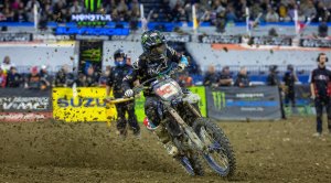 Eli Tomac racing in the supercross motor event