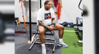 NFL football player Trent Brown resting after his workout in the NFL training facility