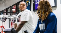 Trent Brown training with his teammate from the New England Patriots