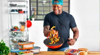Kevin Curry making his healthy Turkey and Shrimp Paella recipe