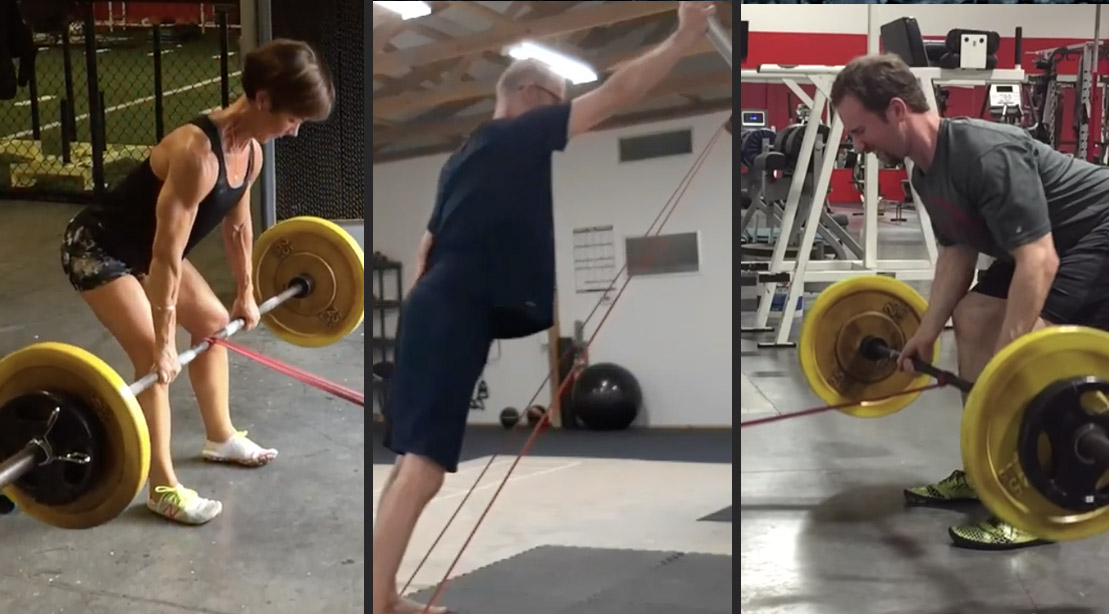 Personal youtube trainers performing 3 variations of Barbell Band Exercises