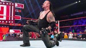 The Undertaker sticking out his tongue before a wrestling match