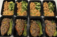 Chef Joshua Bailey meal prep tips containers Honey Glazed Salmon with baked sweet potatoes & sautéed asparagu