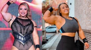 Jordynne Grace flexing her bicep muscles as a Impact! prowrestler and as a powerlifter