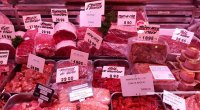 Price tags and markings in various types of meat and meat