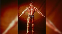 Bodybuilder Dorian Yates muscular back and christmas tree pose