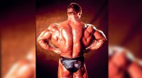 Legendary bodybuilder Dorian Yates back muscles doing a lat spread pose