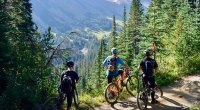 Mountain bikers cycling off trail on a dirt road taking in scenic view