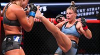 MMA fighter Kayla Harrison throwing a high kick to her opponent