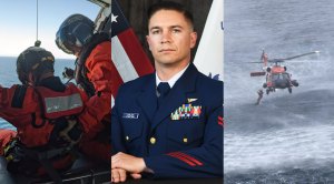 United States Coast Guardsman Joshua Carlson rescuing six people from a maritime disaster