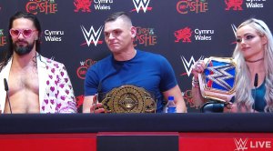 WWE wrestler Roman Reigns and Drew McIntyr at a press conference after Clash at the Castle
