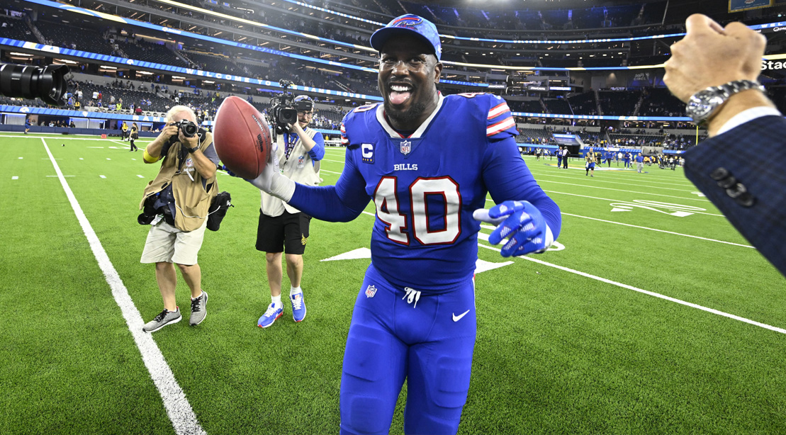 Quarterback for the Buffalo Bills Von Miller celebrating a victory on the field