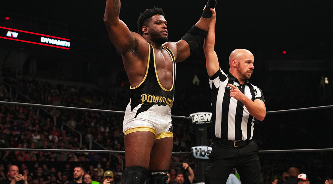 Wrestler Powerhouse Hobbs winning a wrestling match