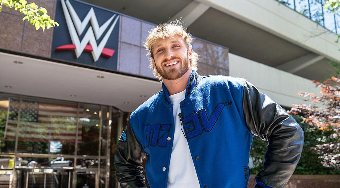 Logan Paul posing in front of the WWE building
