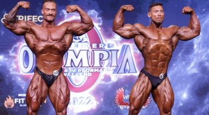 Bodybuilder Chris Bumstead posing down against Ramon “Dino” Rocha Querioz at the Olympia 2022