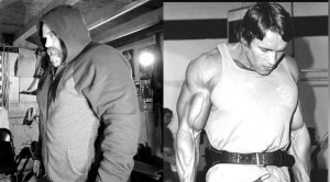 Arnold and Roger Lockridge performing a shrug exercise for week one of the arnold challenge